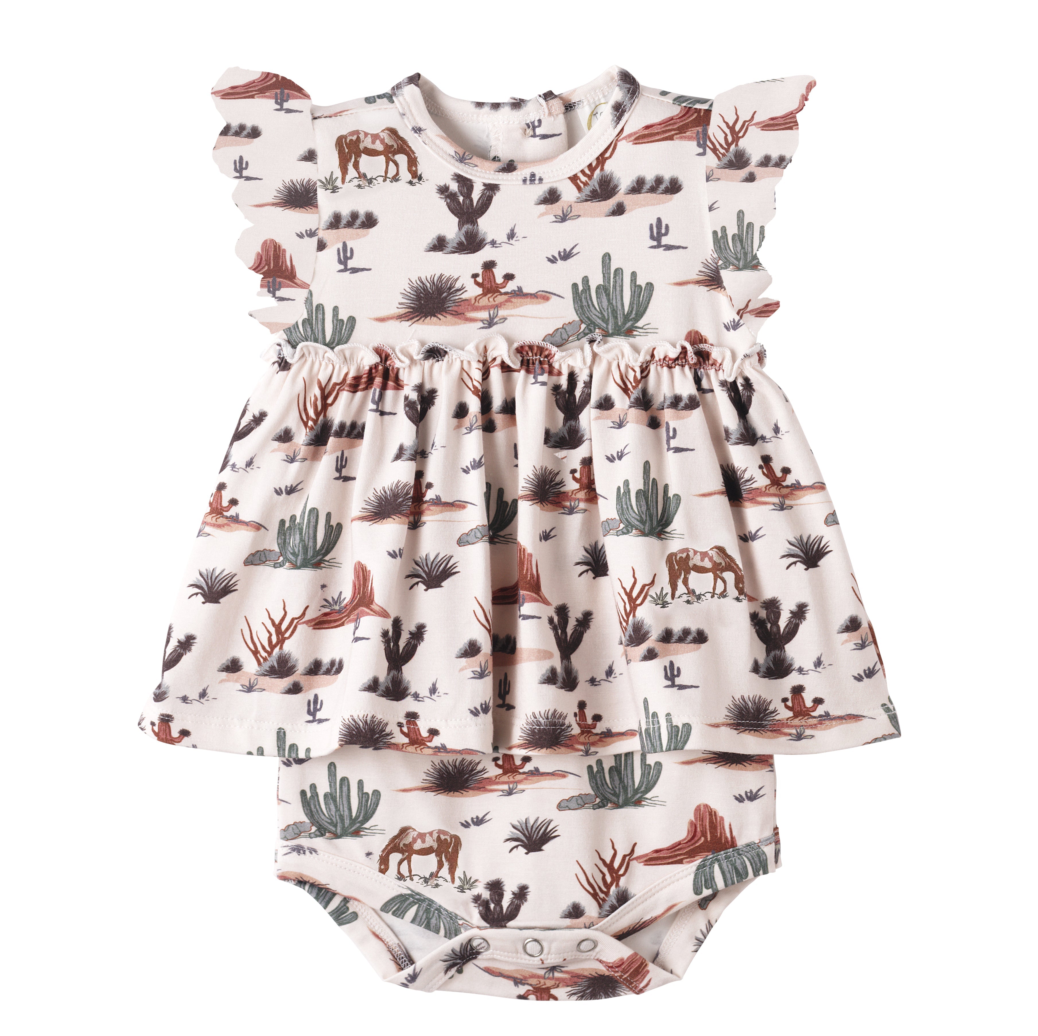 Baby Girl Skirted Bodysuit – Soft Bamboo Cactus Trails